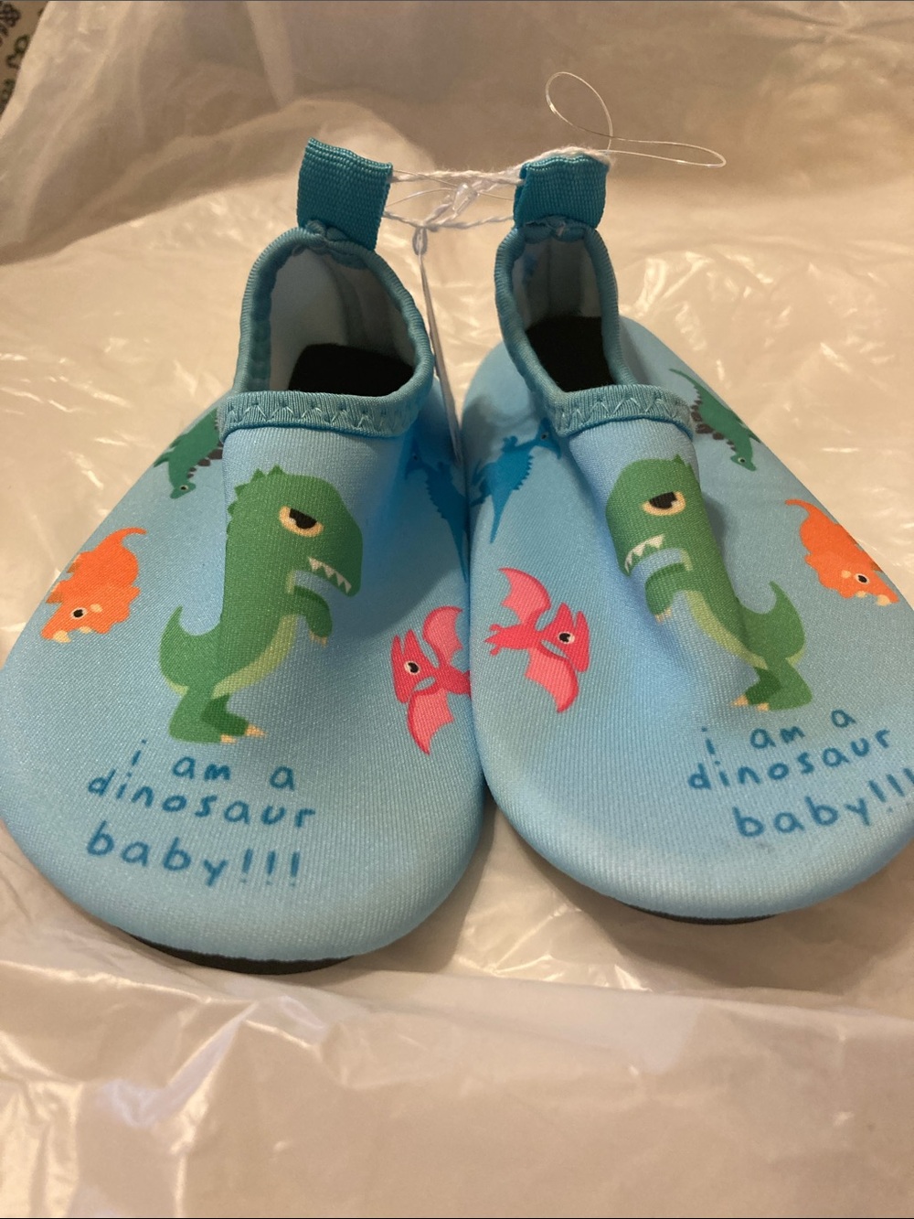 Aqua Light Blue Dinosaur Print Slip-On Kids Water Shoes